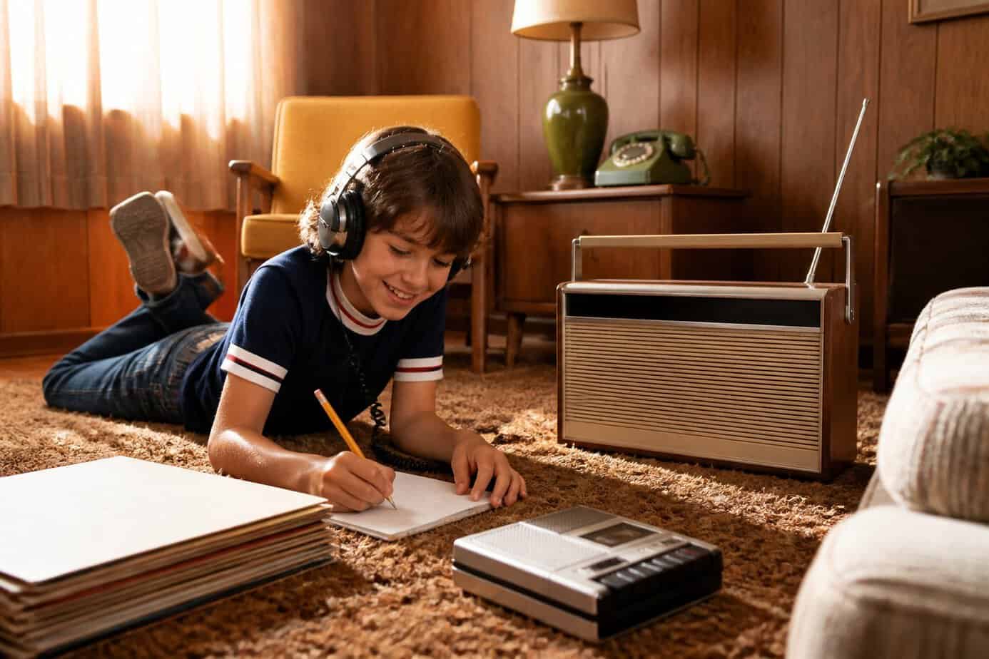 A child in a 1970s living room listens to a tabletop radio while writing down favorite songs.