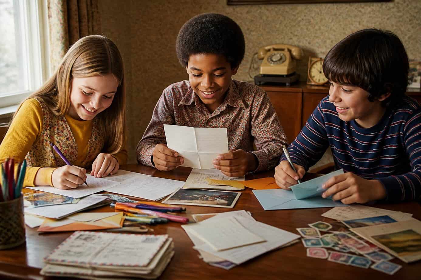 Children write letters and prepare envelopes together at a table.