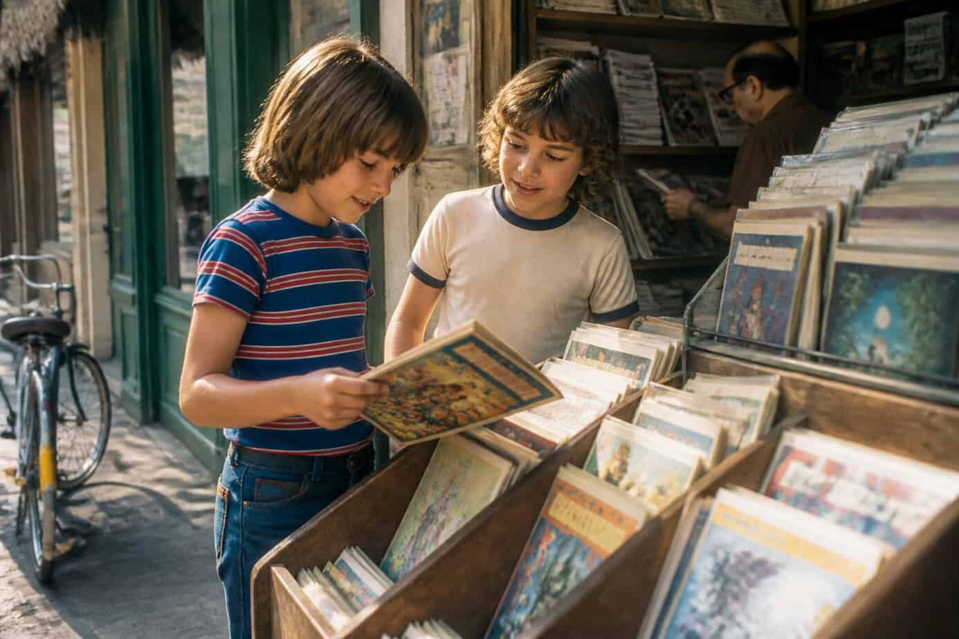 Two children browse comic books at a neighborhood newsstand while a shopkeeper organizes shelves in the background.