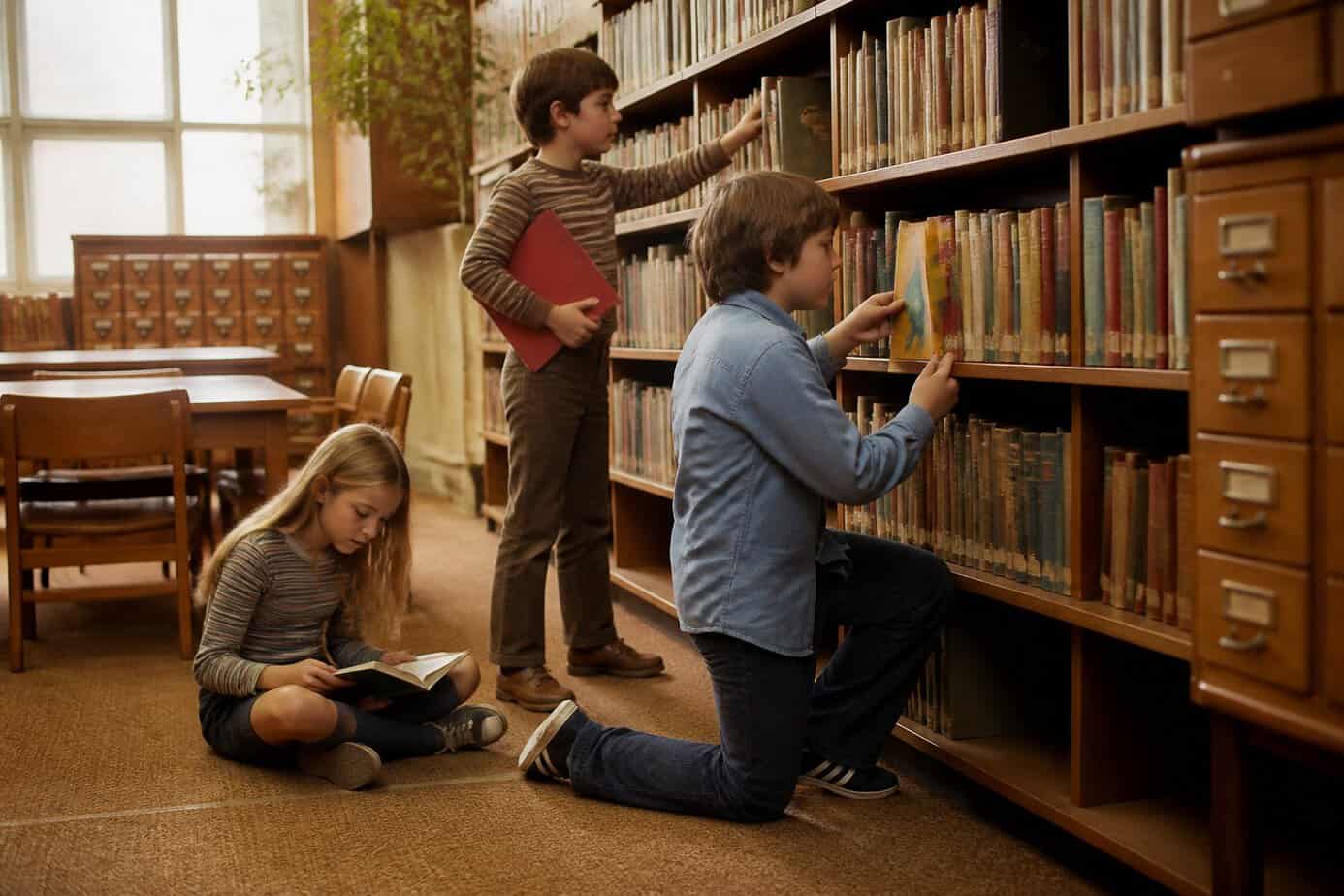 Children browse books together in a warmly lit library.
