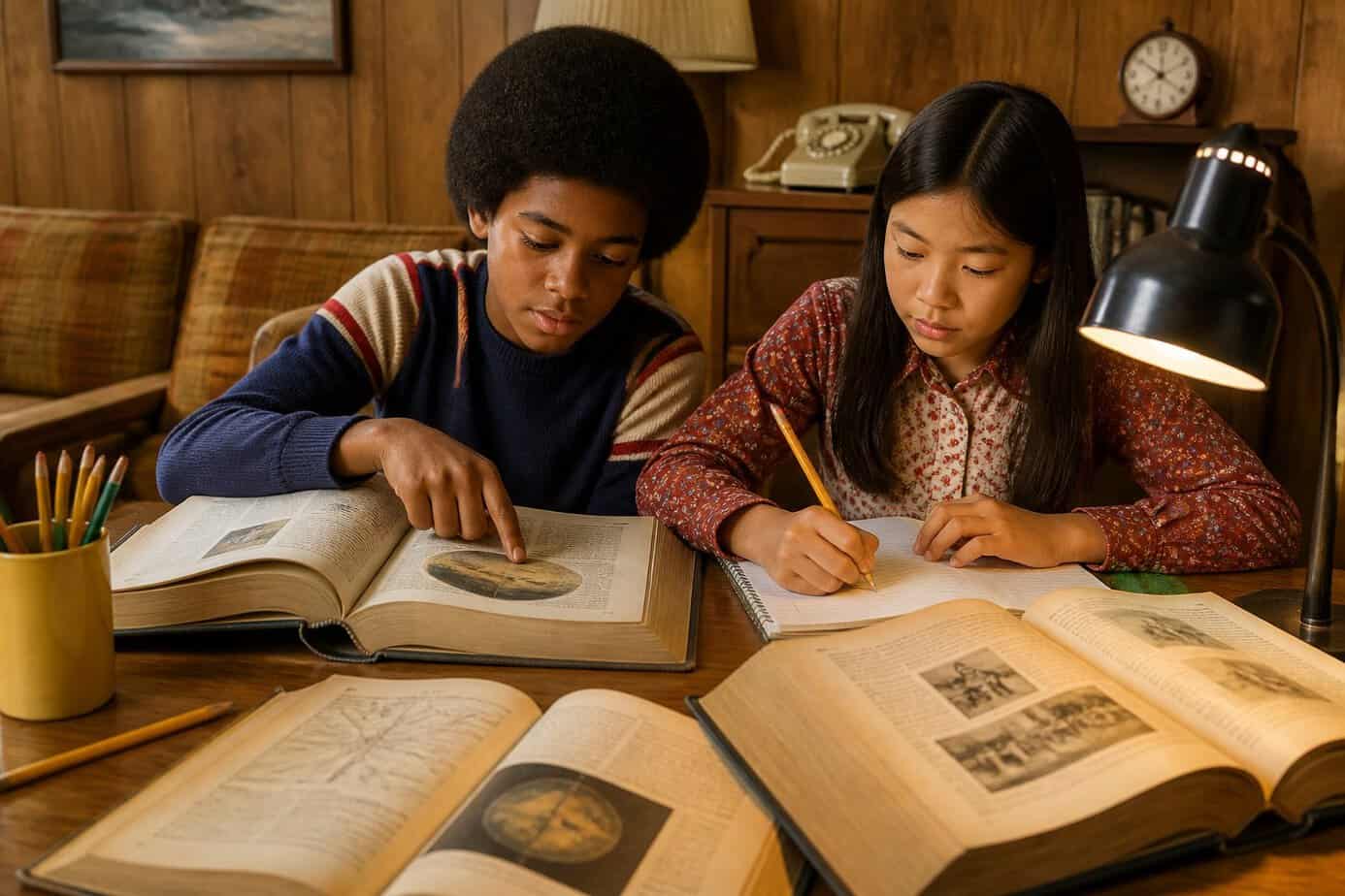 Two children study open encyclopedias and take notes at a table in a 1970s living room.