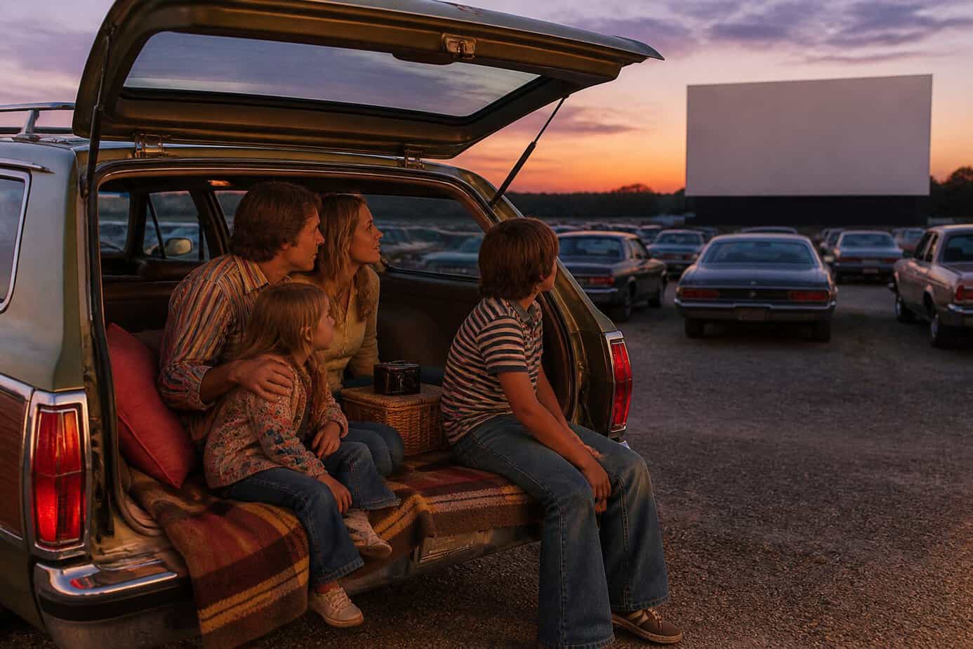 A family enjoys an evening at a drive-in movie in a vintage station wagon.