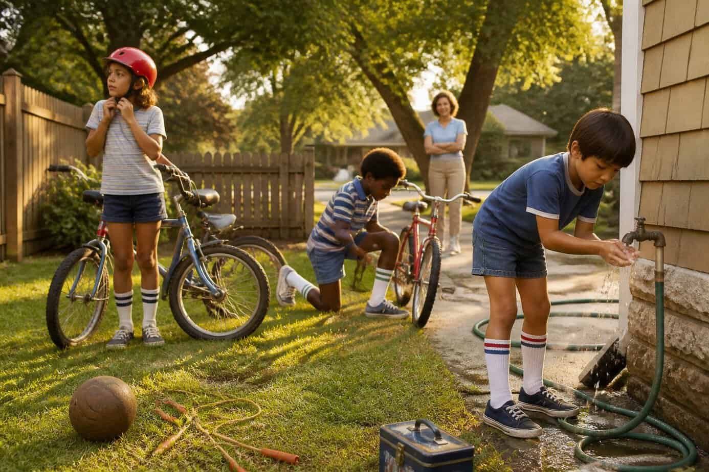 Children play with bicycles and outdoor toys in a suburban backyard while an adult supervises nearby.