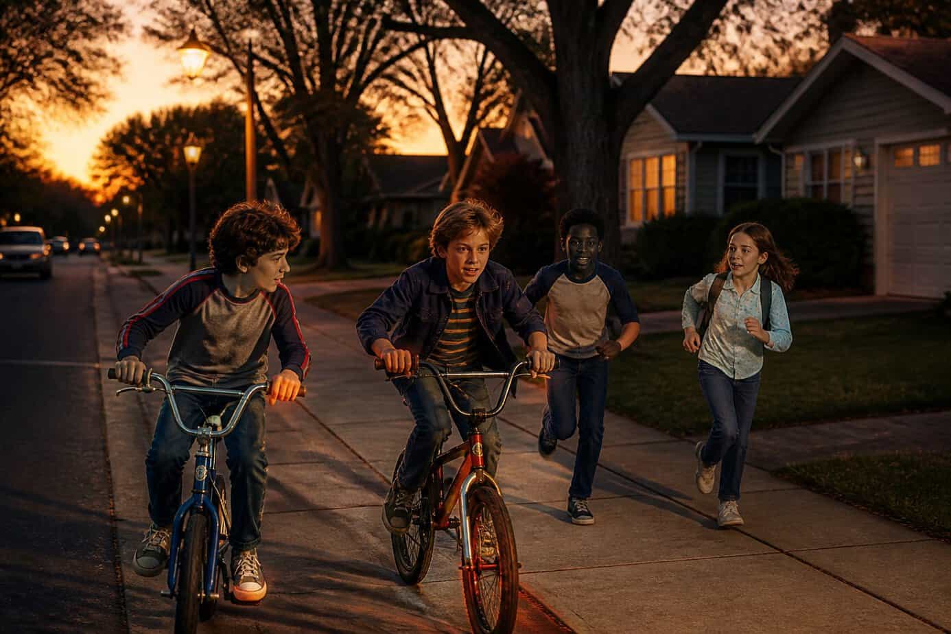 Children hurry home on bicycles as streetlights begin to glow in a suburban neighborhood.