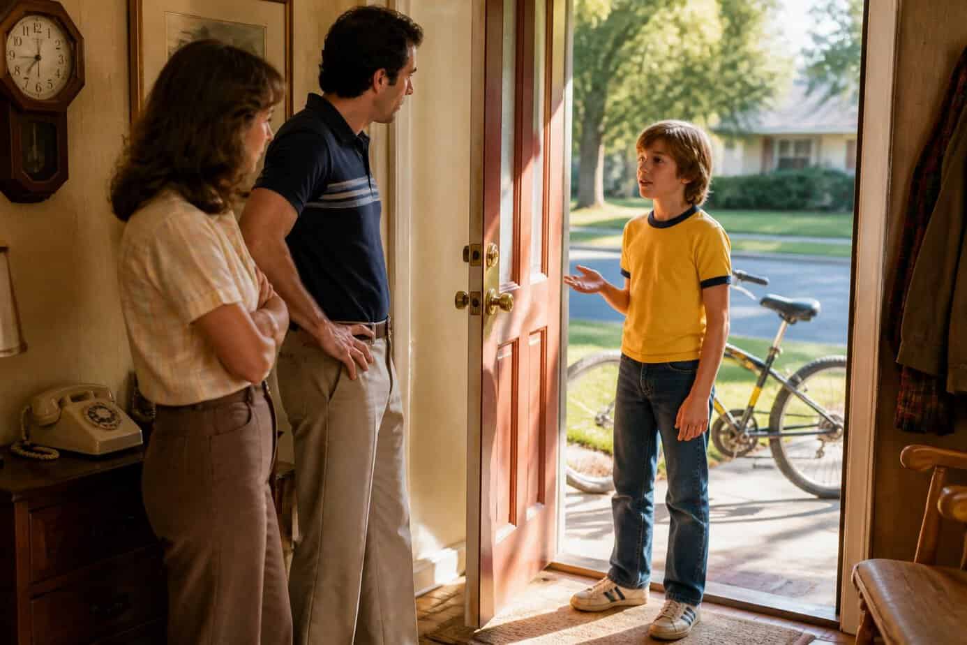 A child pauses at the doorway to tell their parents where they are going before leaving with a bicycle.
