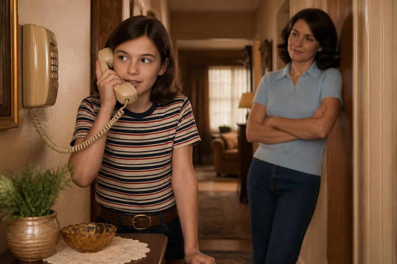 A child briefly talks on a corded home telephone while another family member waits nearby.