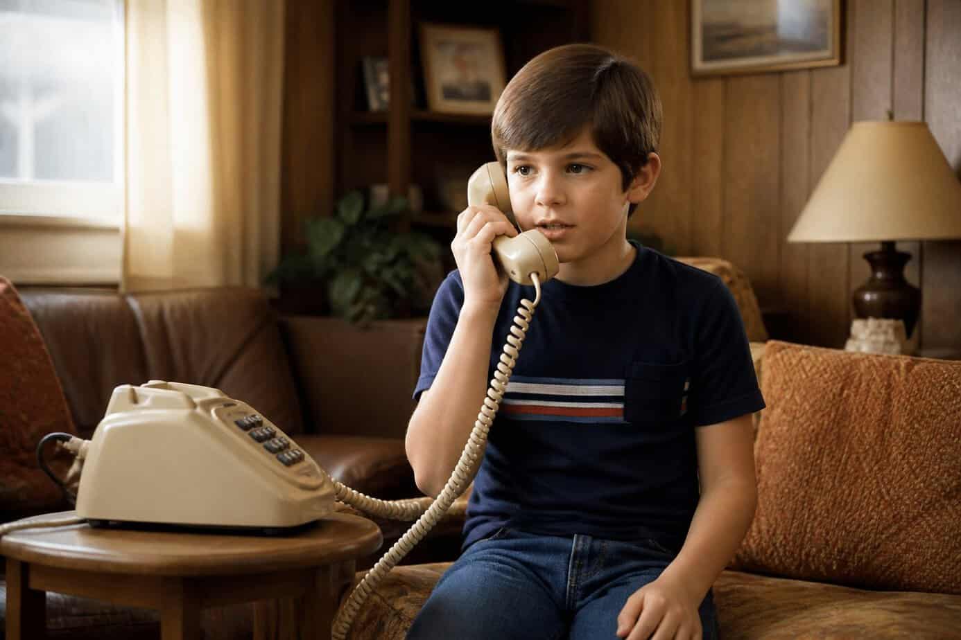 A child politely answers a vintage corded telephone in a nostalgic family living room.