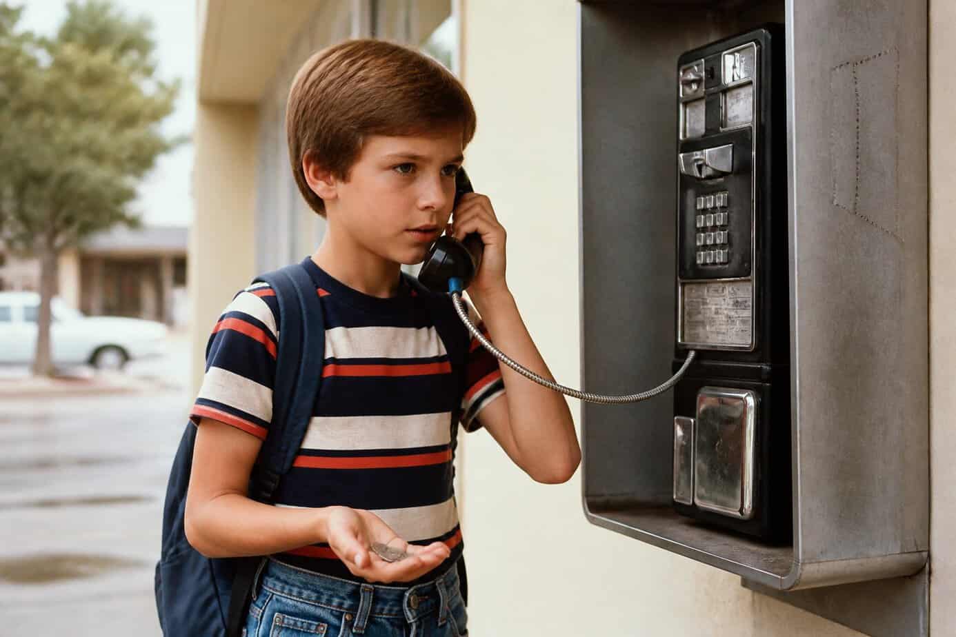 A child uses a vintage pay phone while carrying a small backpack.