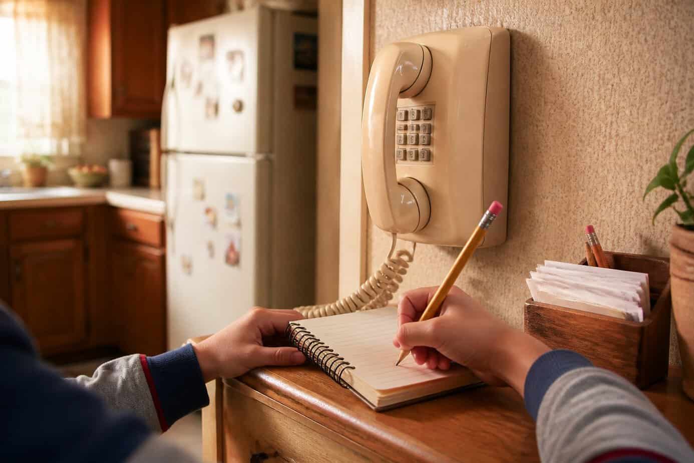 A child writes in a small notebook beside a vintage corded telephone in a warm family kitchen.