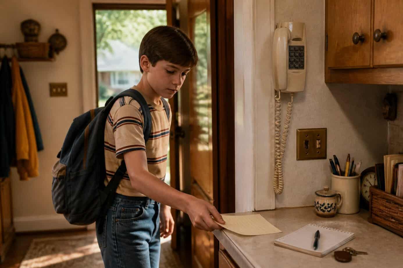 A child leaves a blank note on a kitchen counter before going out through the front door.