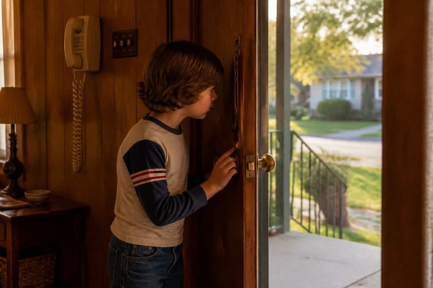 A child cautiously checks the front door from inside a suburban home before opening it.