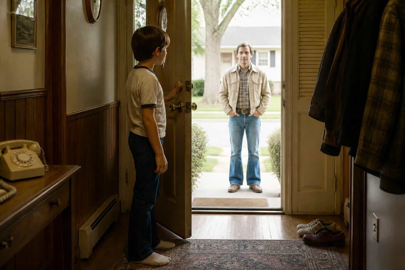 A child stands safely inside a suburban doorway while an unfamiliar adult waits outside on the porch.