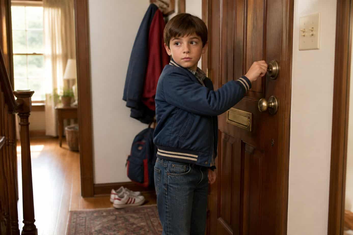 A child home alone locks the front door from inside a suburban house.