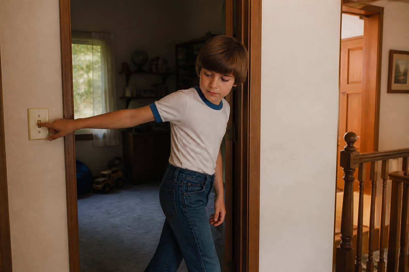 A child switches off a room light while walking into a hallway.