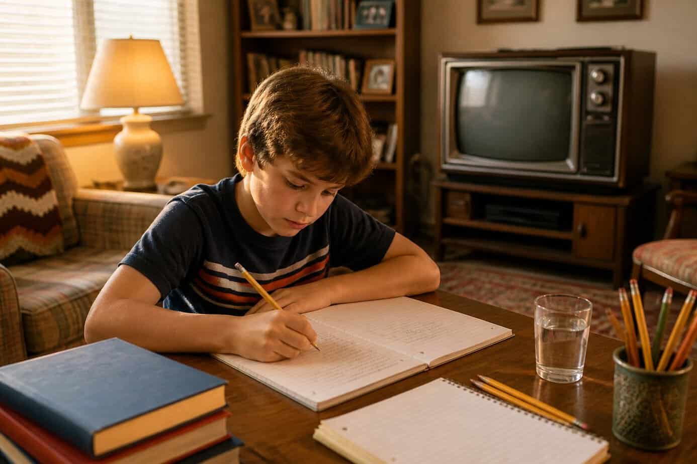 A child completes homework at a table while an old television sits switched off in the background.