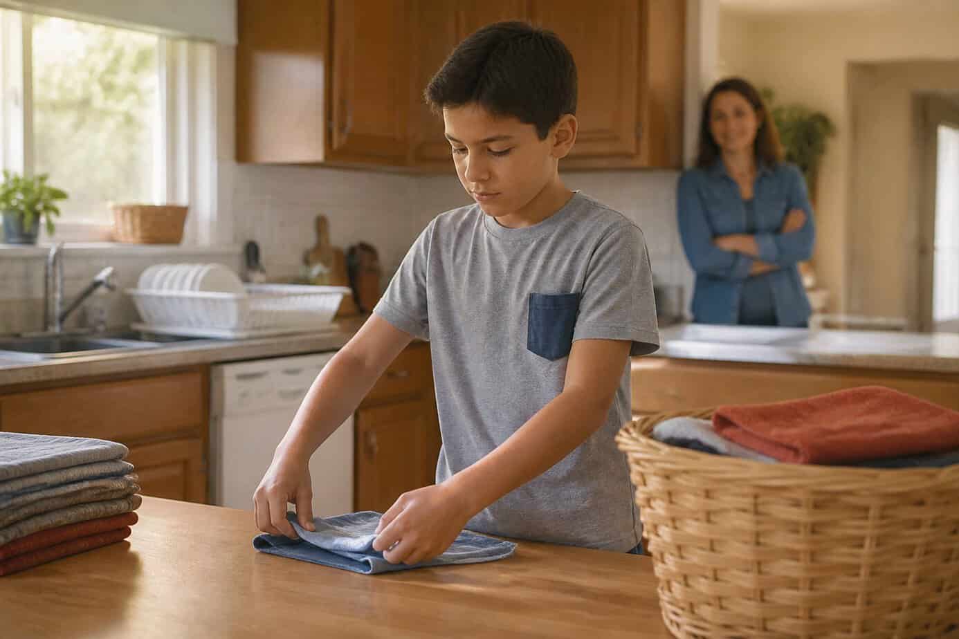A child independently puts away folded laundry in a tidy home while a parent watches from the background.