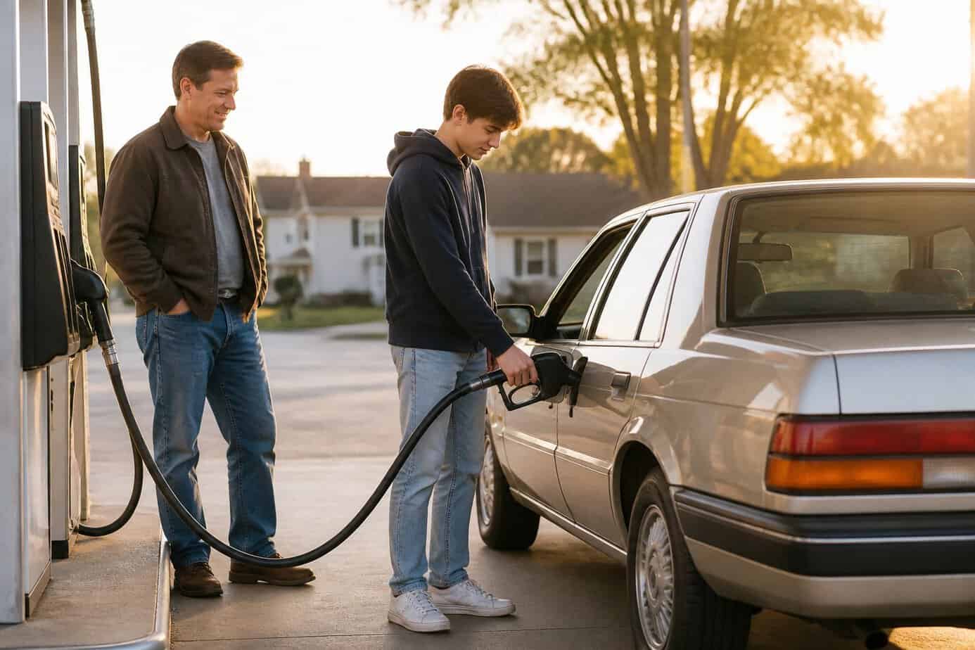 A teenager refuels a family sedan at a suburban gas station while an older family member looks on.