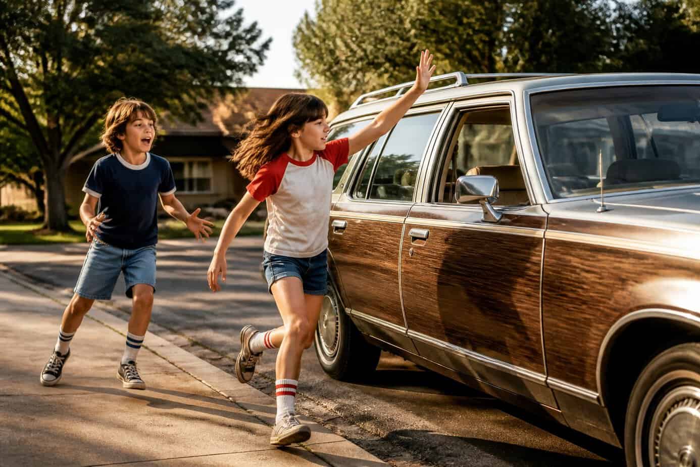 Two children playfully race to claim the front passenger seat of an old family car.