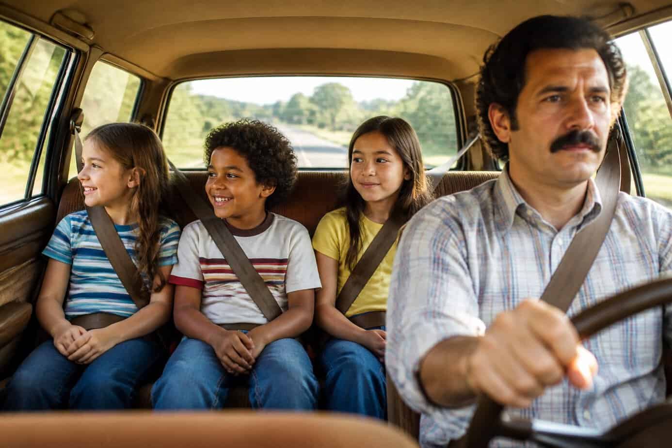 Children wearing seat belts in the back seat of a family car during a road trip.