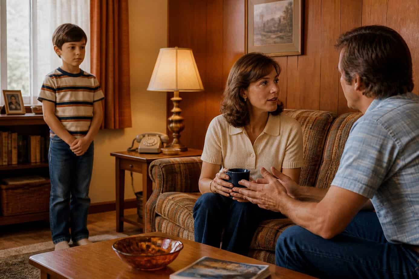 A child waits quietly while two adults talk in a vintage living room.