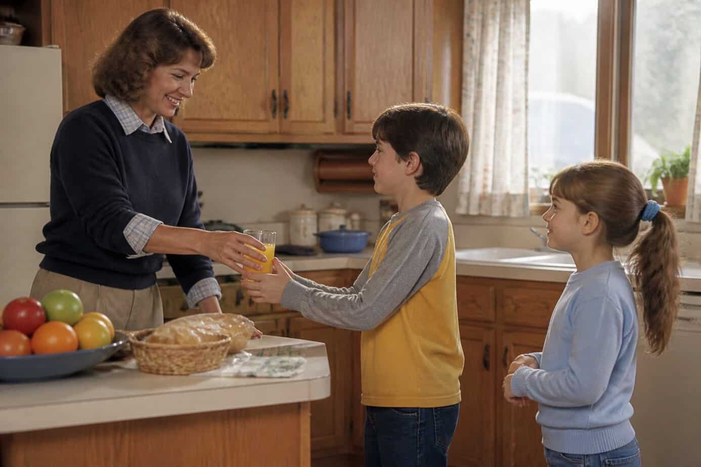 A child politely asks an adult for a drink while another child waits nearby.