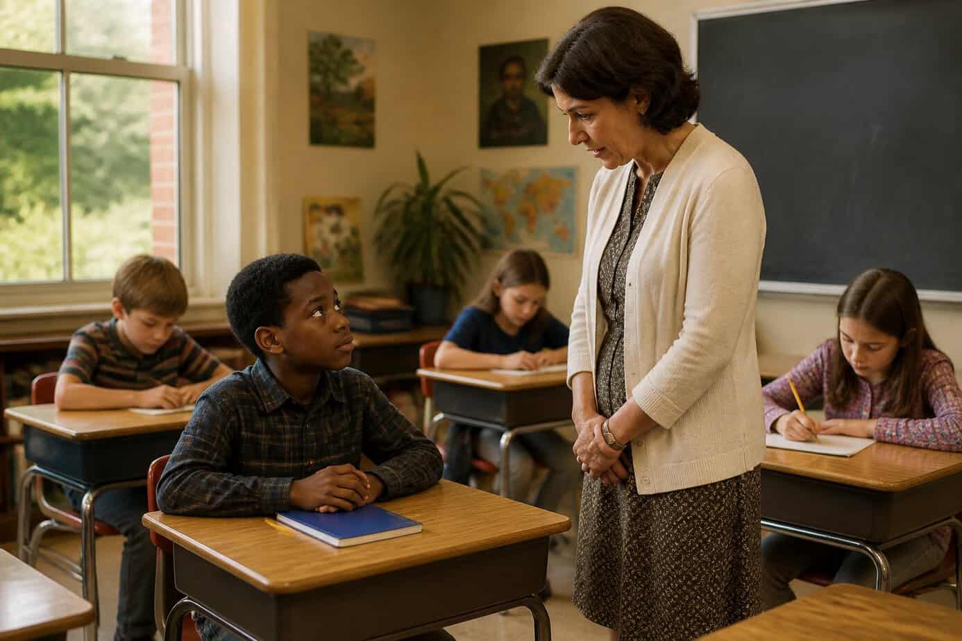 A teacher calmly speaks with a student at a classroom desk while other students work quietly.