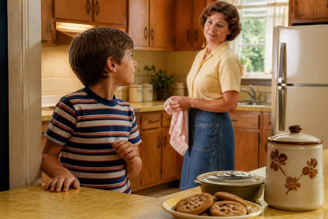 A child pauses in a family kitchen to ask an adult before taking food from the counter.
