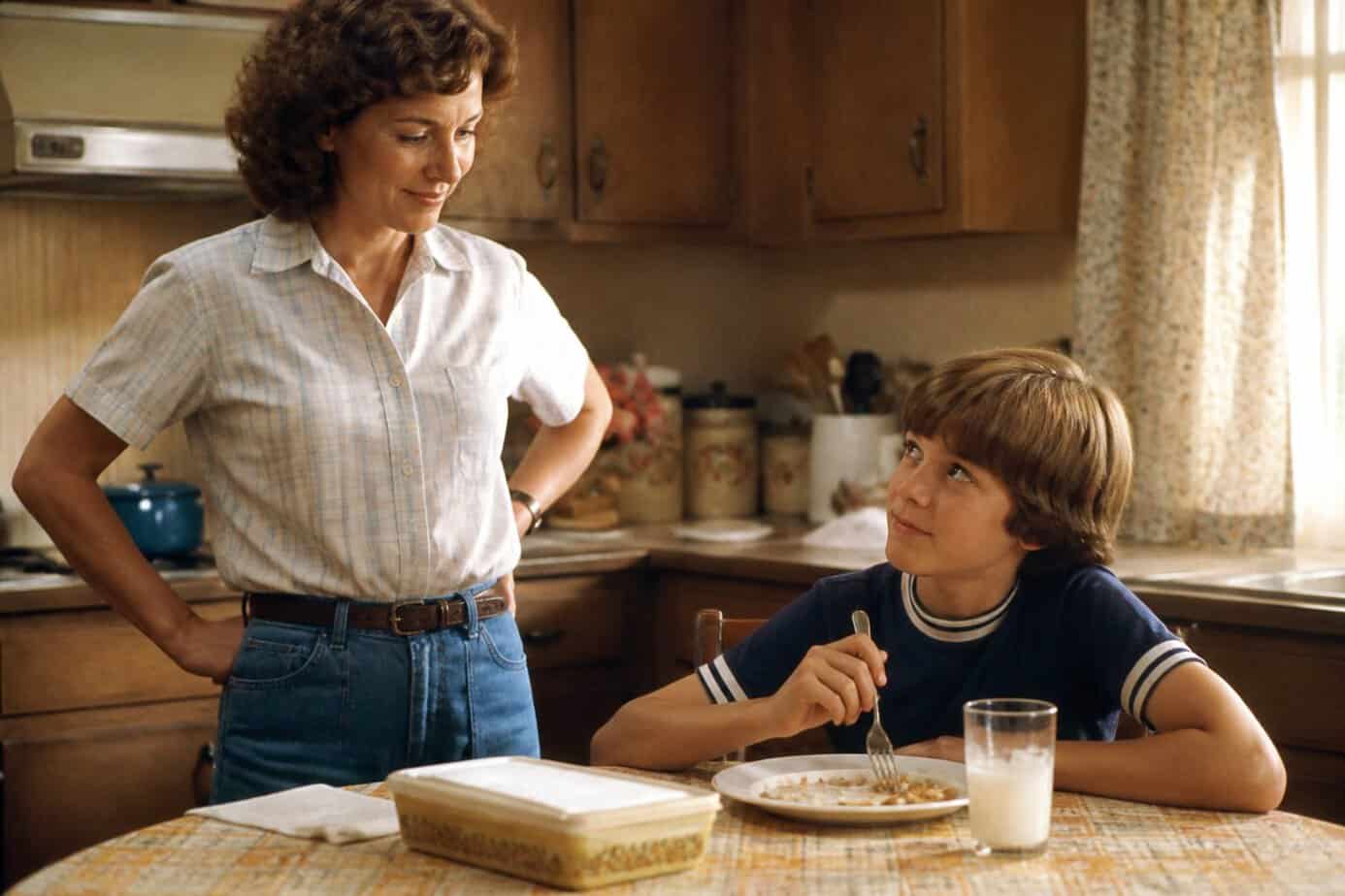 A child finishes a meal at a kitchen table while a parent looks on encouragingly.