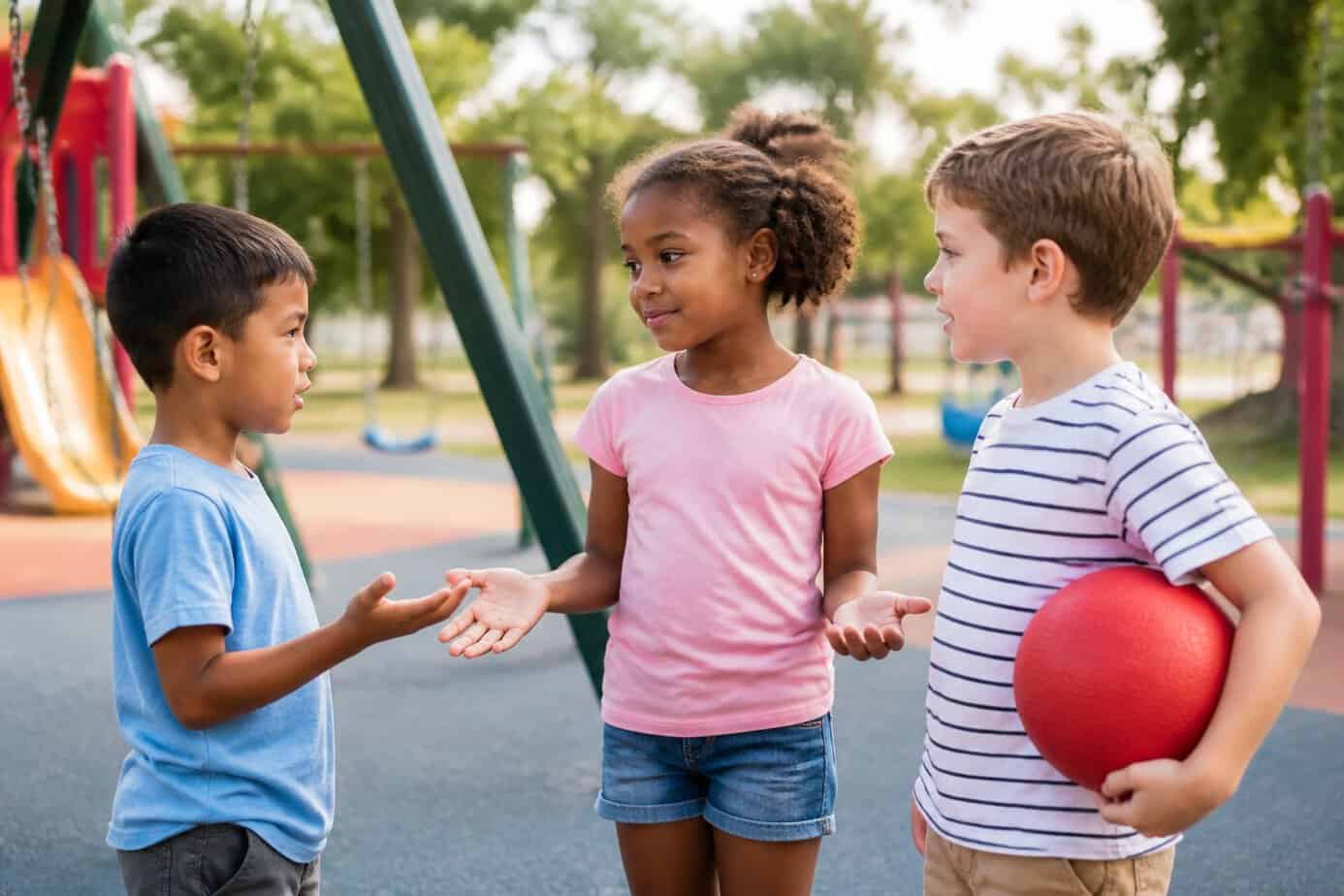Three children resolve a disagreement together on a playground.