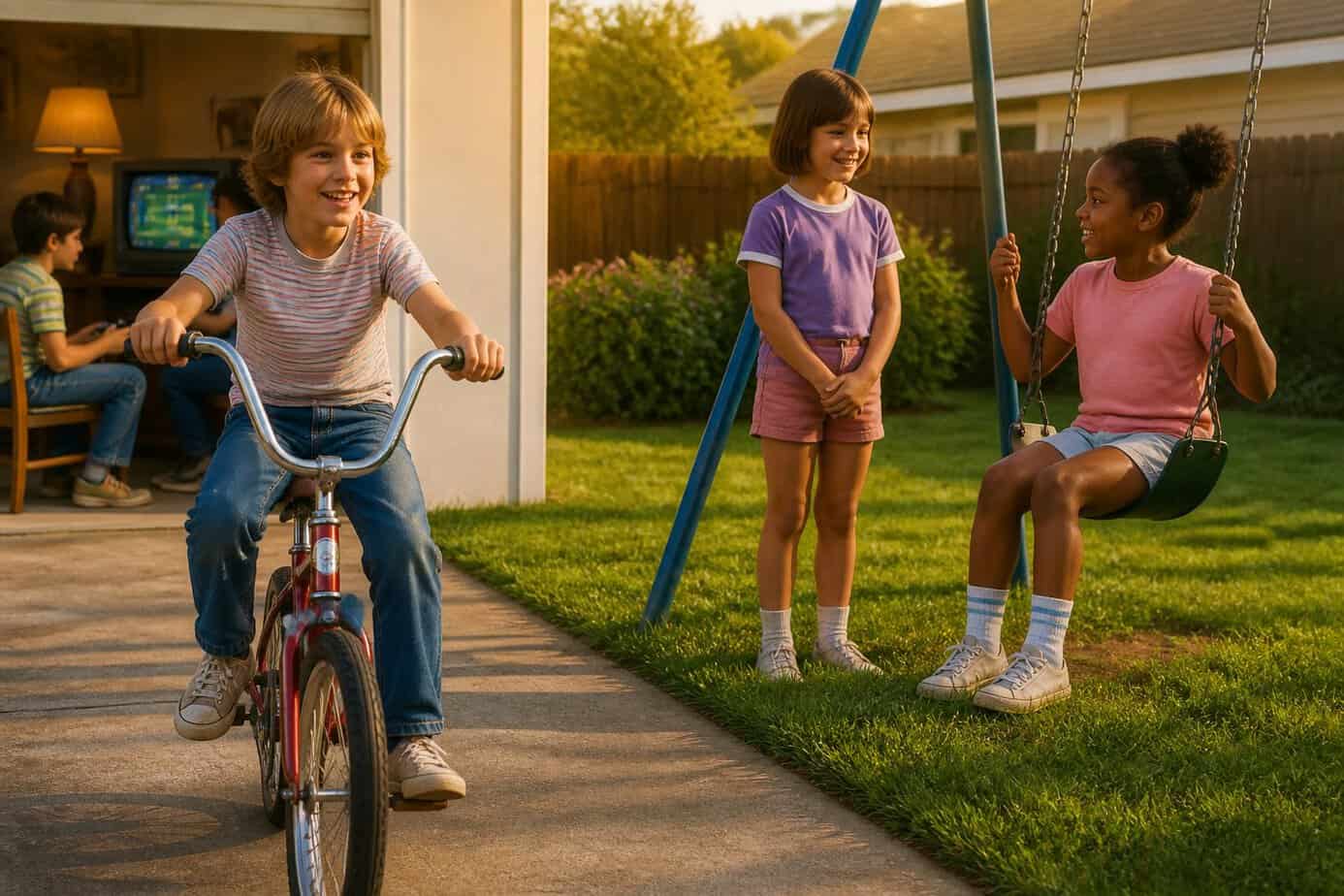 Children share a bicycle, playground swing, and video game while taking turns.