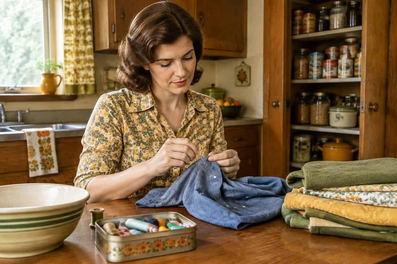 A woman mends a shirt by hand at a kitchen table.