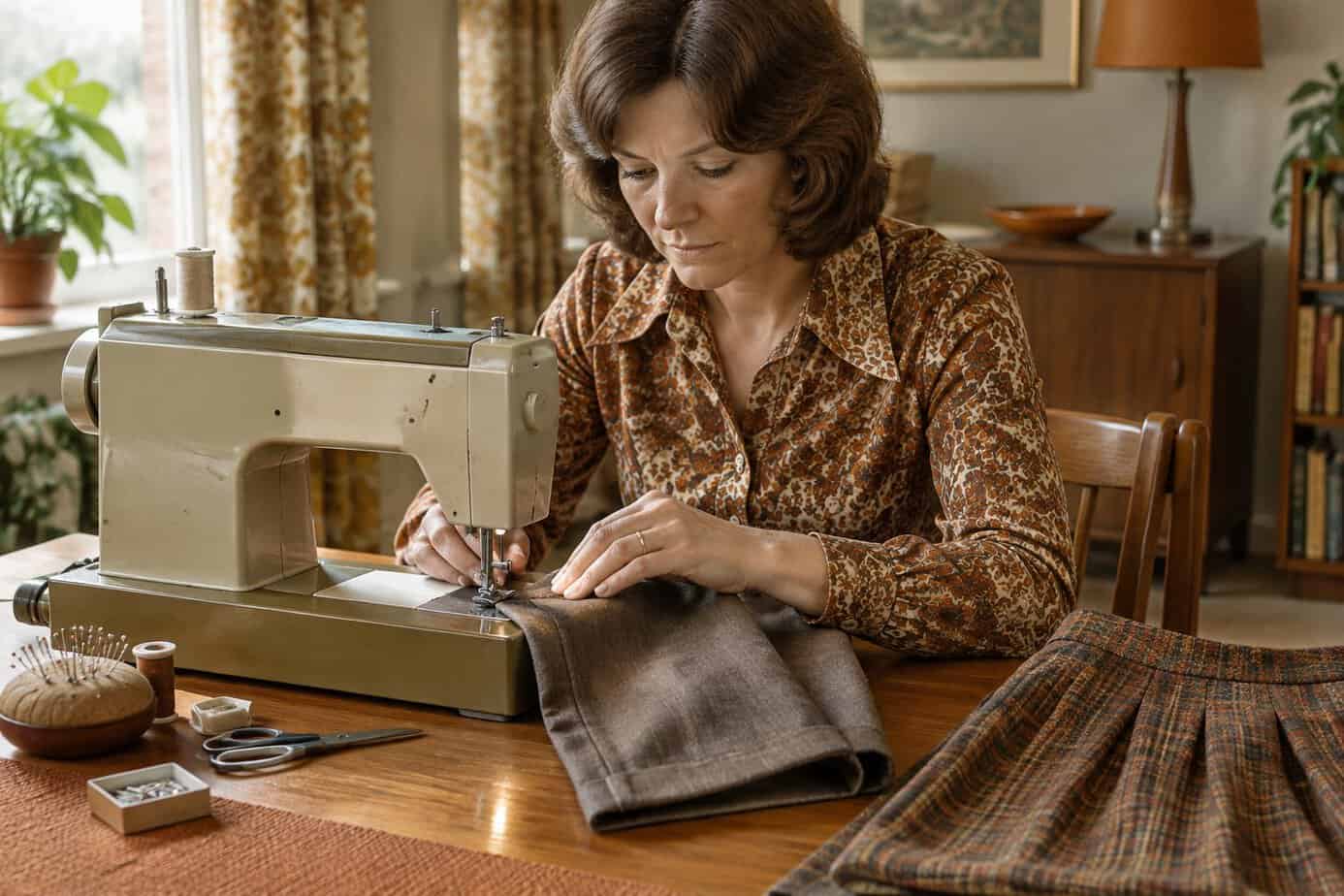 A woman sits at a sewing machine hemming a pair of trousers.