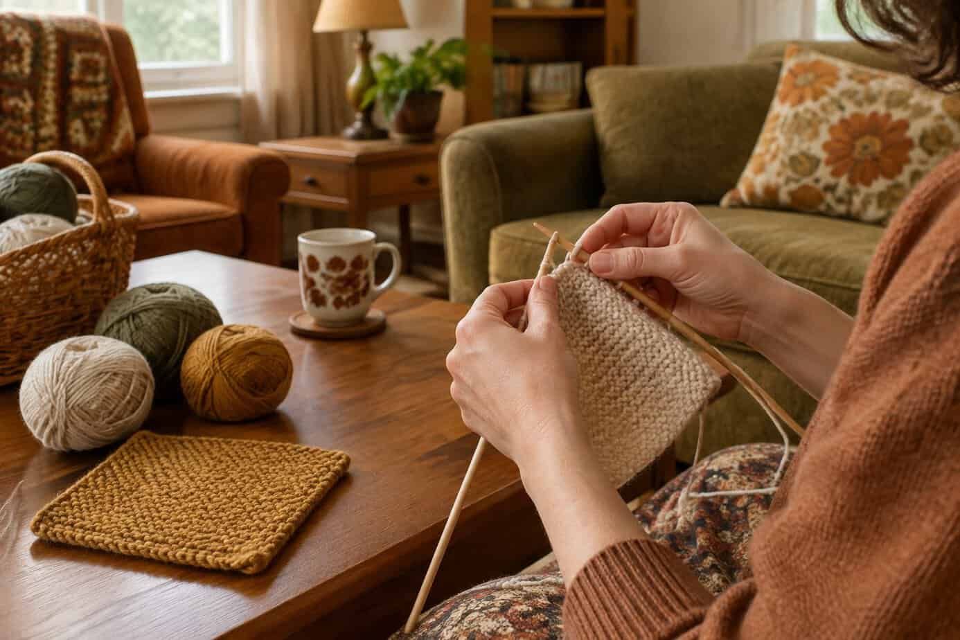 A woman knits a small household item with yarn and needles.