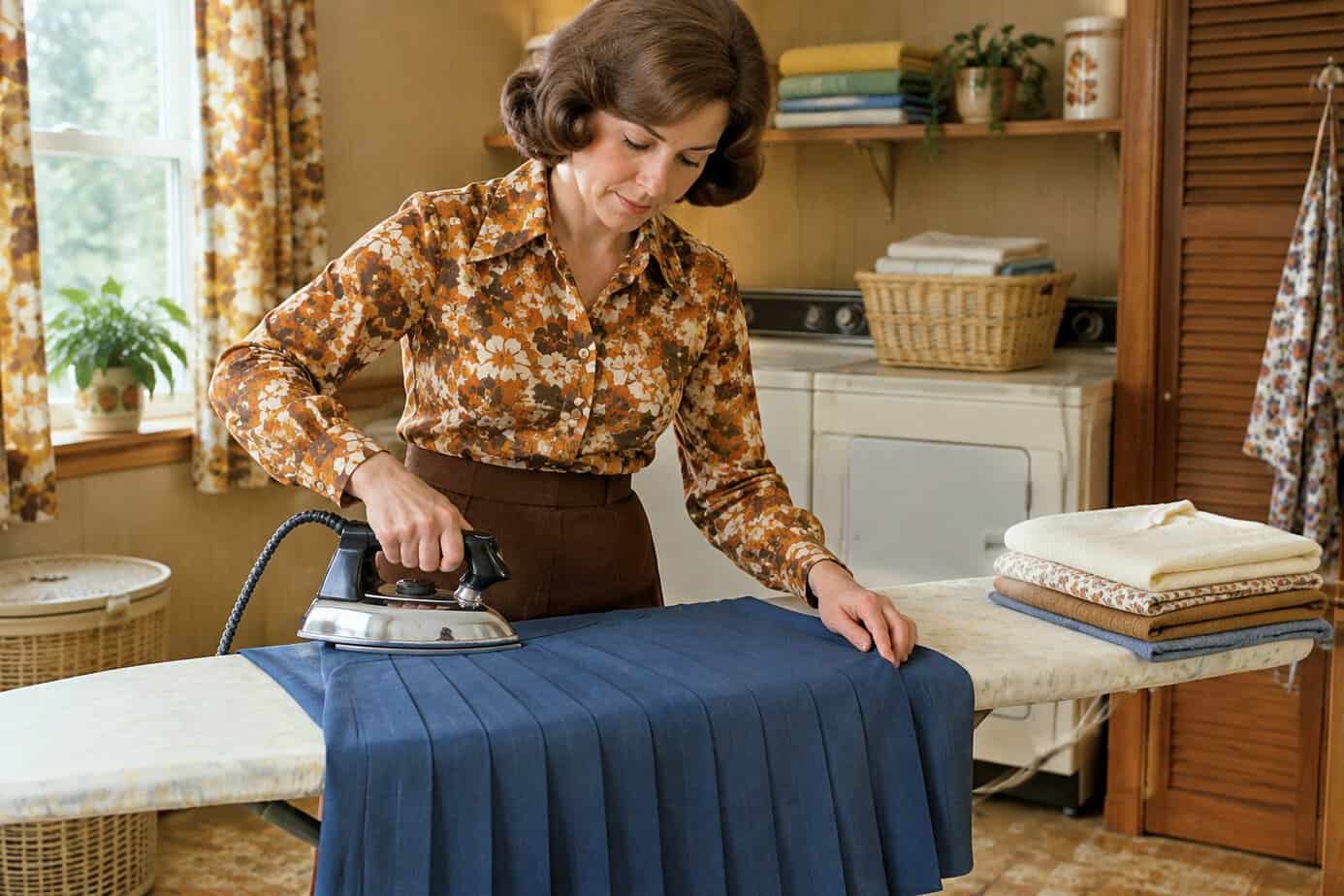A woman irons a pleated skirt on an ironing board.