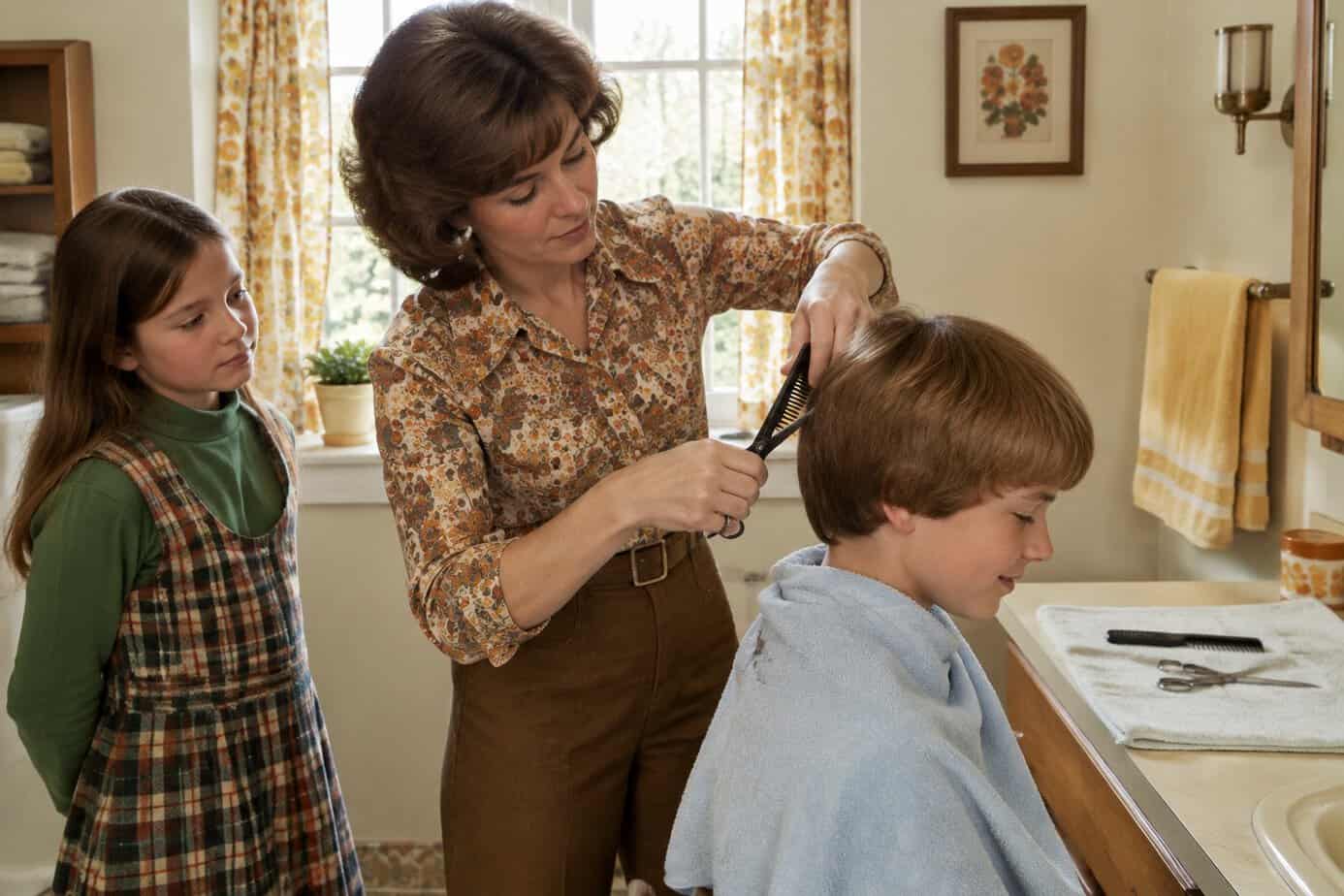 A mother trims her child's hair at home while another family member waits nearby.