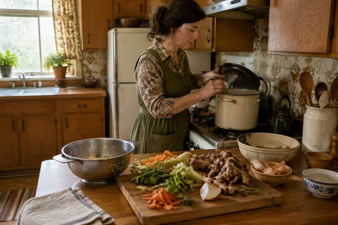 A woman prepares vegetable scraps and bones beside a simmering pot in a home kitchen.