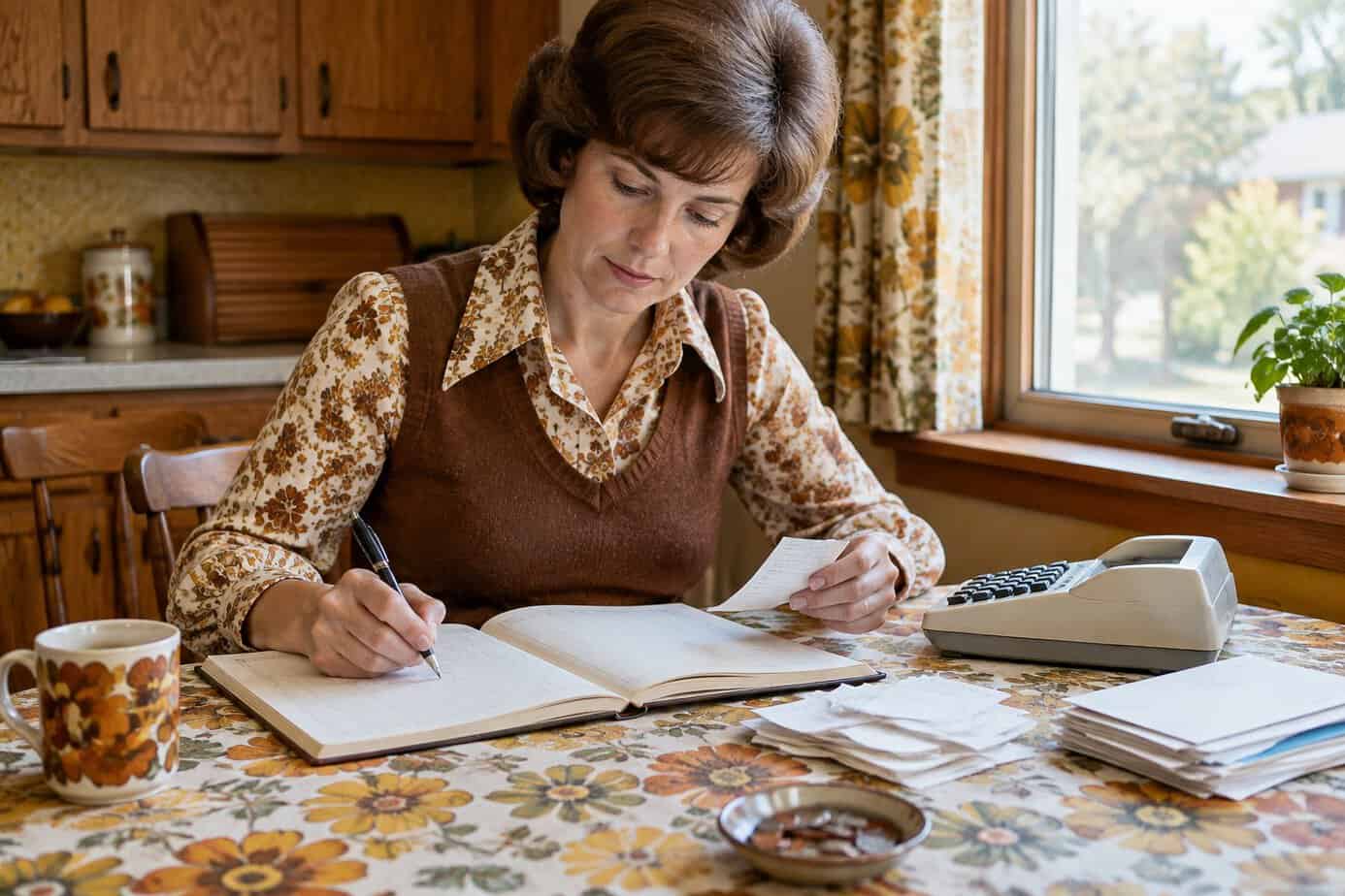 A woman writes in a household ledger at a kitchen table with bills and receipts nearby.