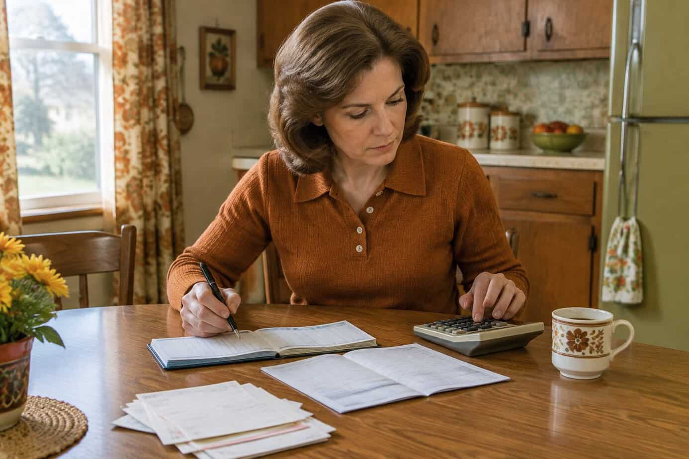 A woman sits at a kitchen table and compares a checkbook register with a bank statement.
