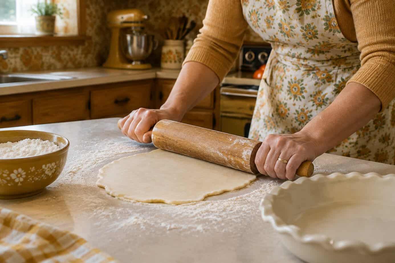 A woman rolls pie dough on a floured countertop.