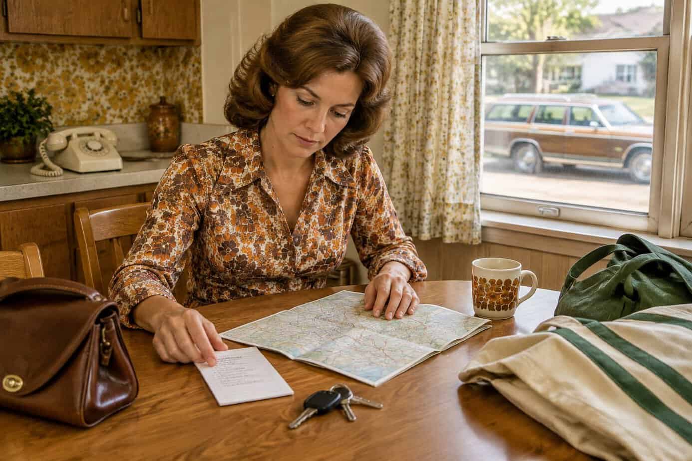 A woman plans her errands at a kitchen table with a map, shopping bags, and car keys.