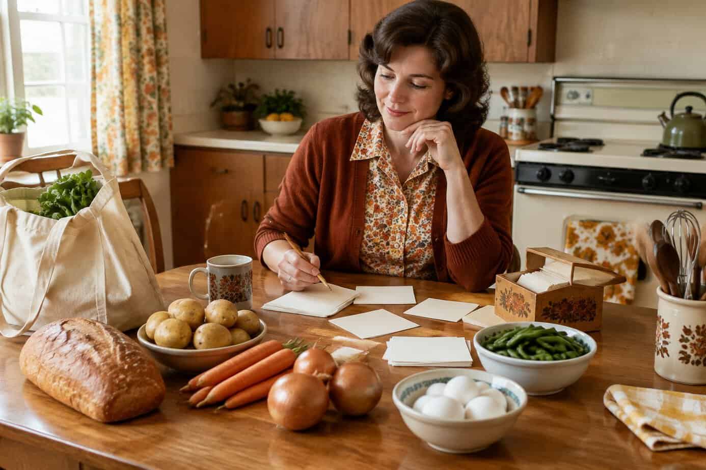 A woman plans affordable dinners at a kitchen table with groceries and cooking ingredients.