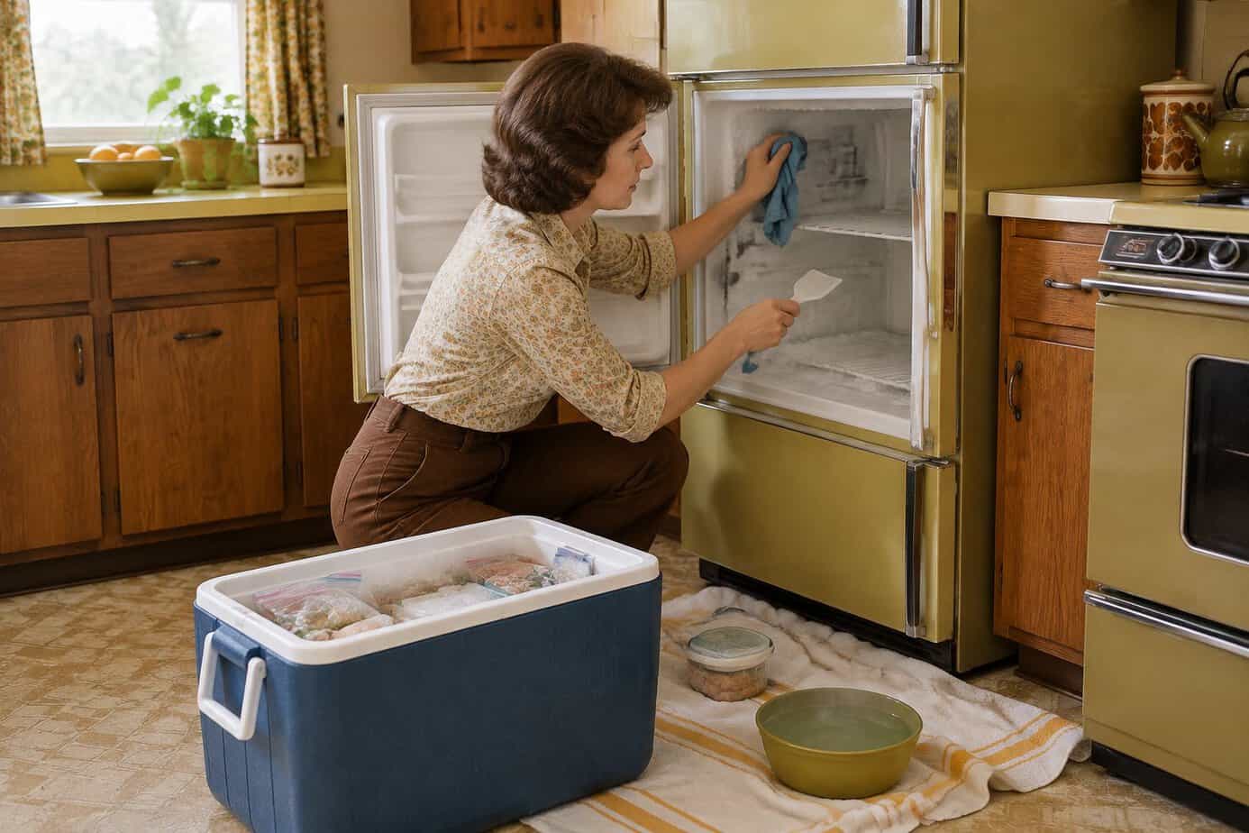 A woman carefully defrosts an open freezer while towels catch the melting water.