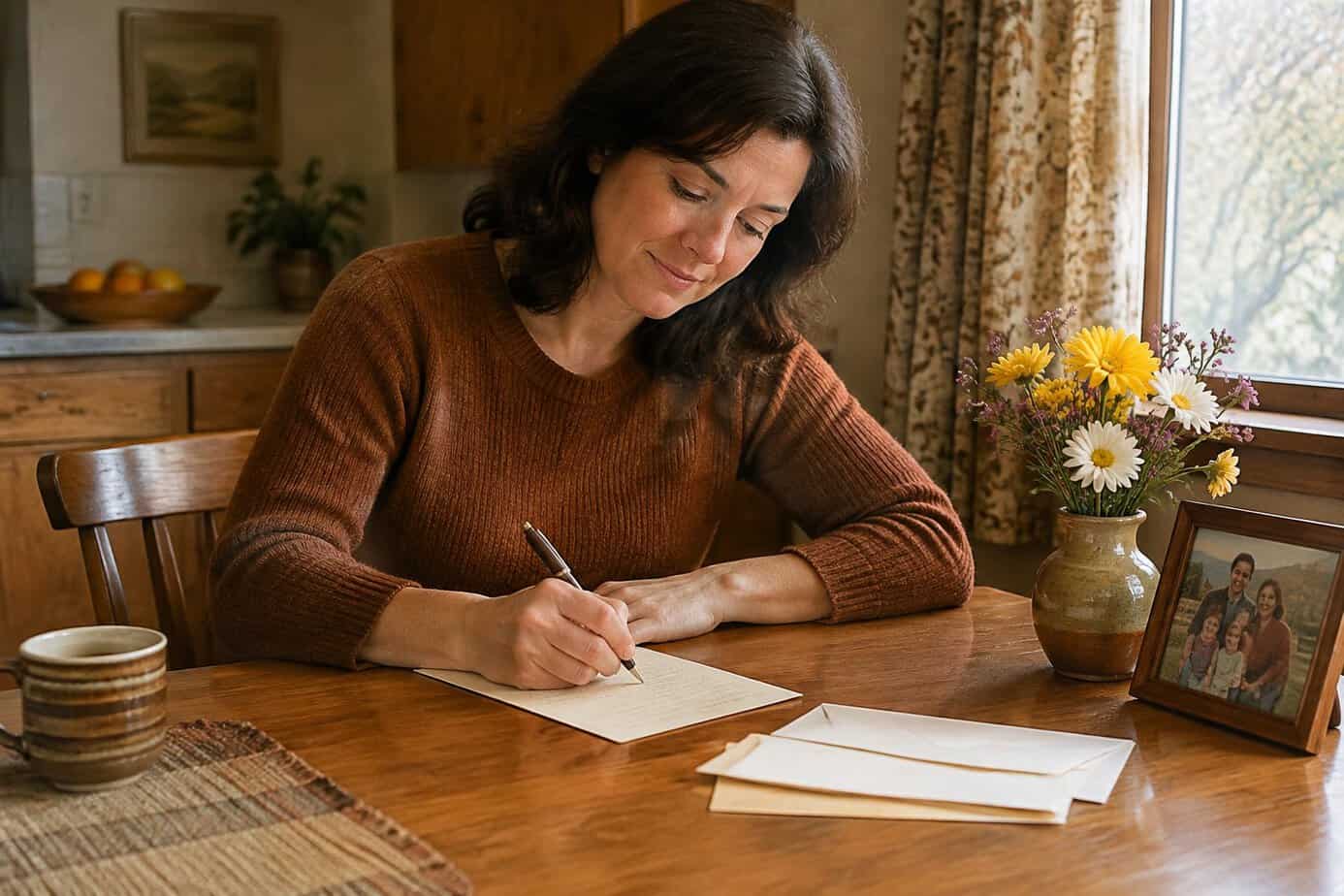 A woman writes a letter at a table beside envelopes and a family photograph.