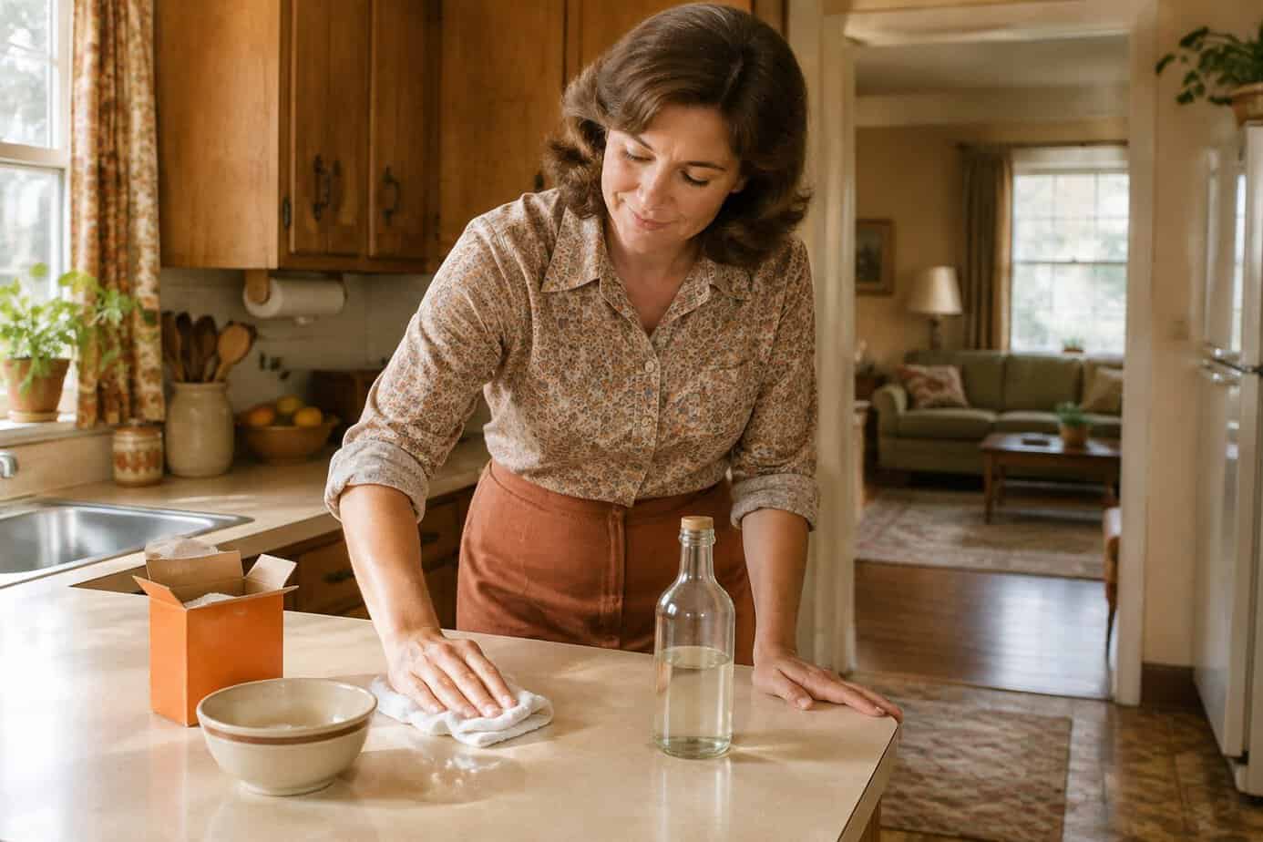 A woman wipes a kitchen counter beside vinegar and baking soda.