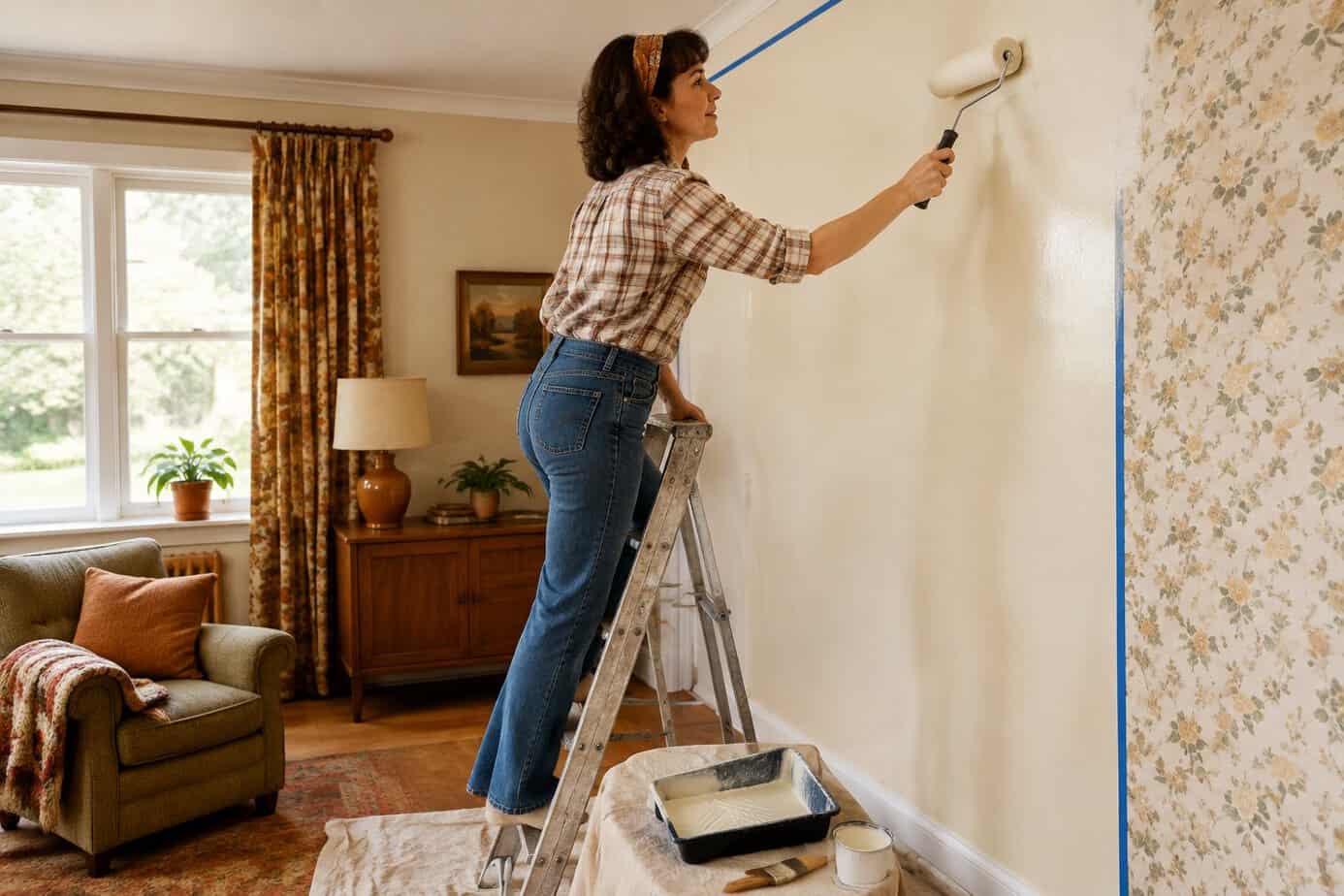 A woman stands on a ladder and paints a room.