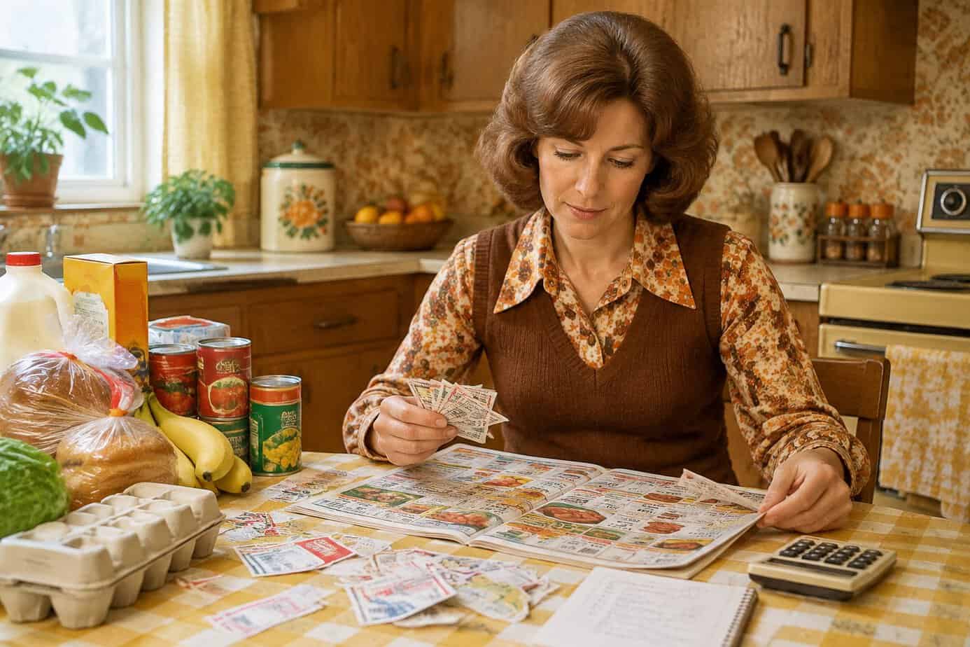 A woman sorts grocery coupons and plans purchases at a kitchen table.