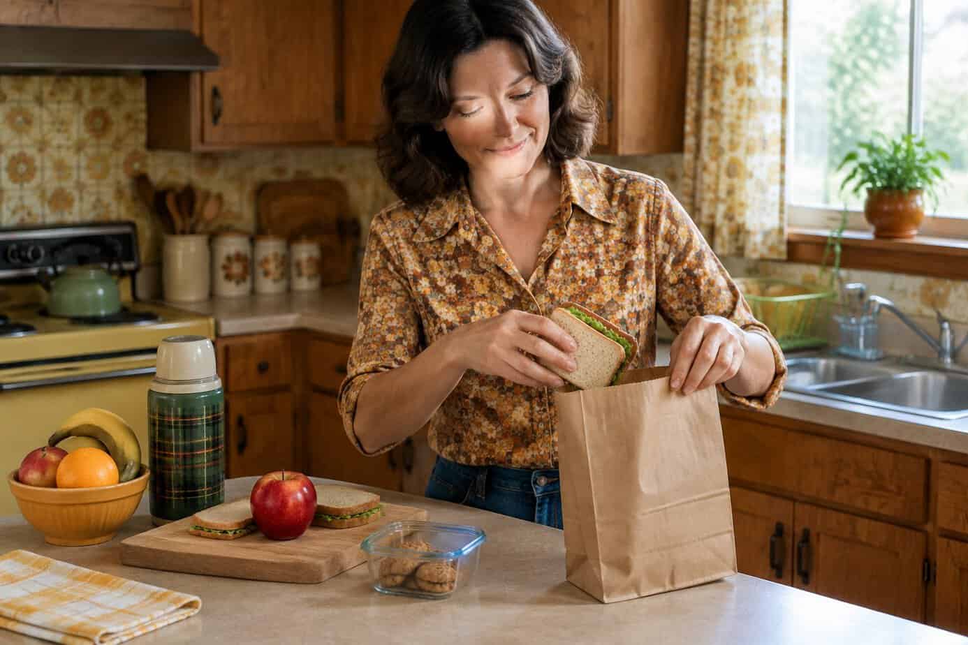 A woman packs a sandwich, an apple, and a snack into a brown paper lunch bag at a kitchen counter.