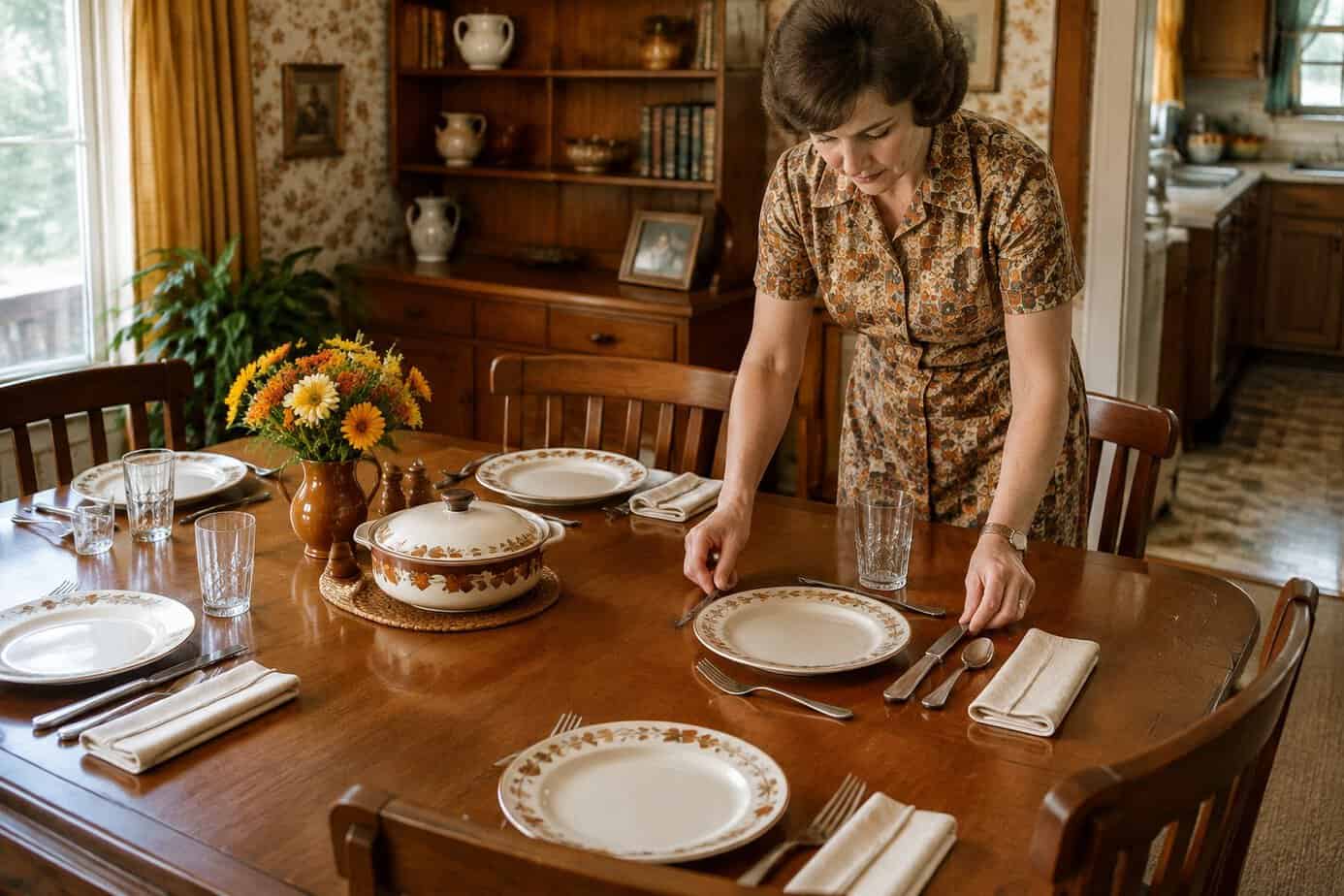 A woman arranges plates, napkins, and utensils on a dining table.