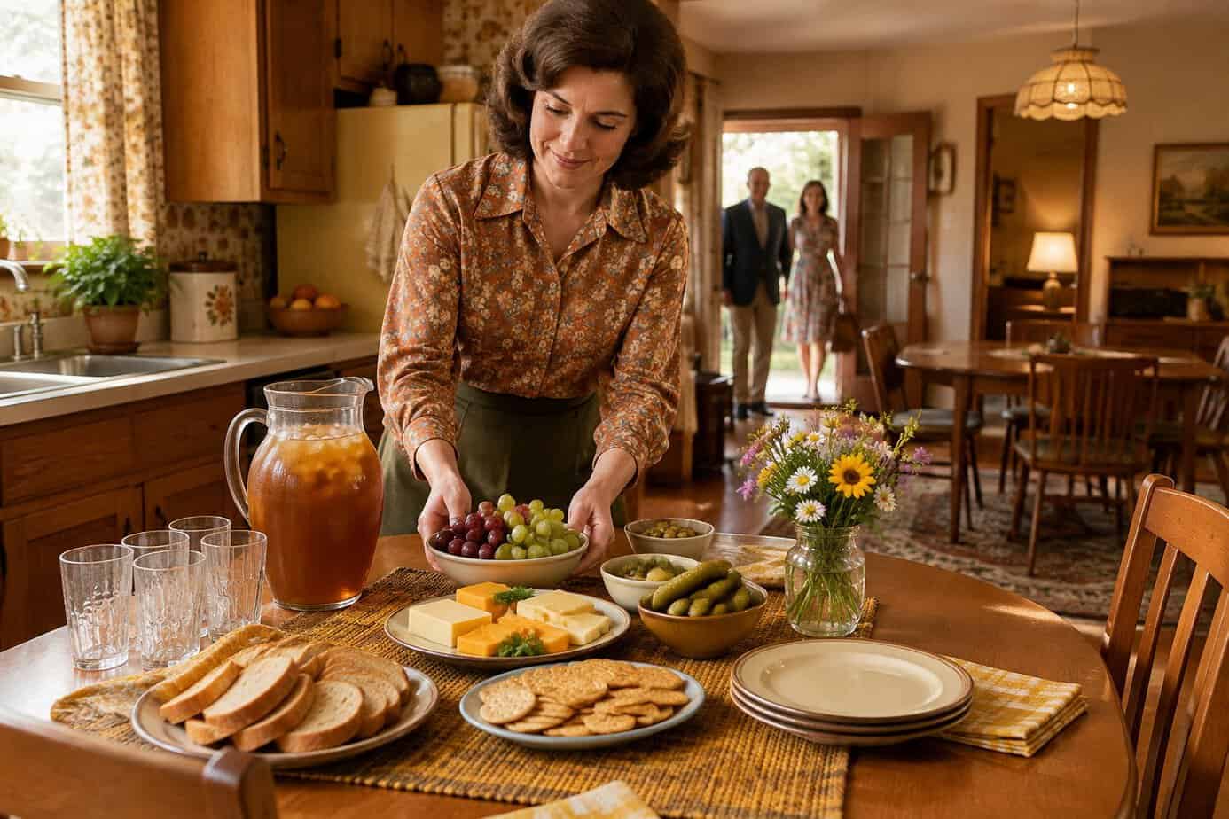 A woman arranges a simple snack spread and drinks on a table in her kitchen.