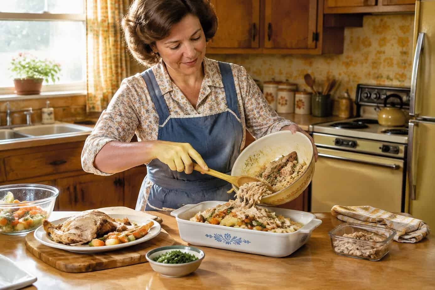A woman uses leftover chicken and vegetables to prepare a casserole in her kitchen.